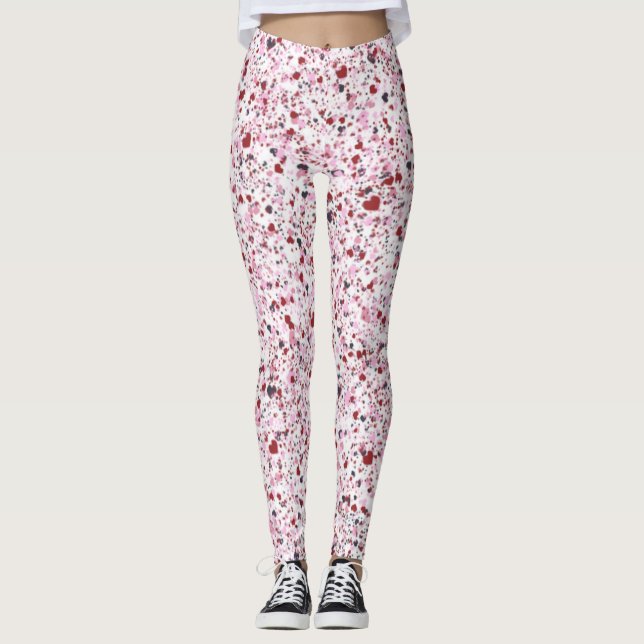 Red, Pink & Gray Hearts, Splatter Paint Leggings (Front)