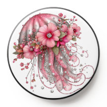 RED PINK GRAY TROPICAL JELLYFISH AND FLOWERS