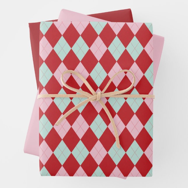 Red Pink & Green Christmas Argyle Wrapping Paper Sheets (In situ)