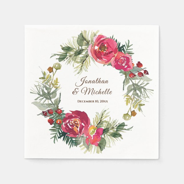 Red Pink Green Floral Christmas Wreath Wedding Napkins (Front)