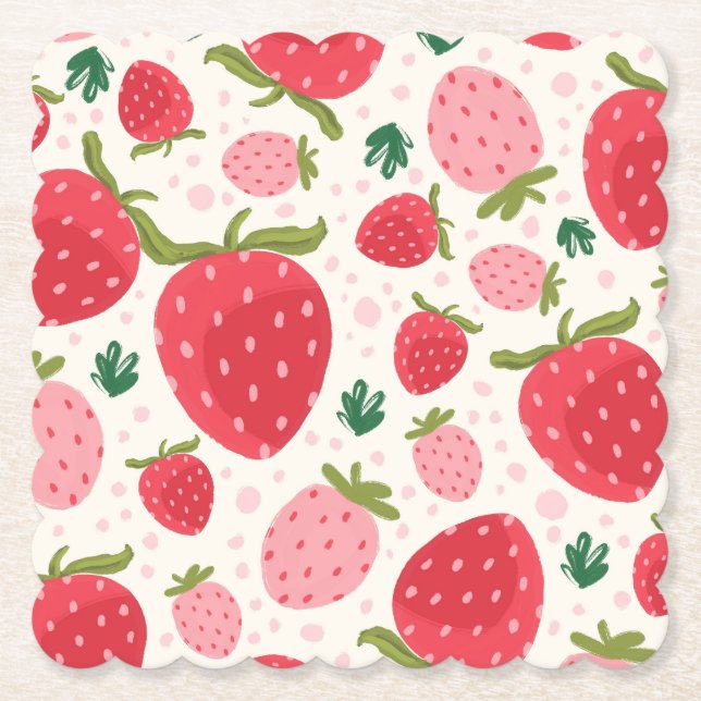 Red Pink Green Strawberry Pattern Party Paper Coaster (Front)