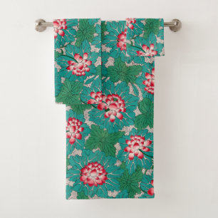 Red Pink Green Teal Chinese Lotuses Pattern Bath Towel Set