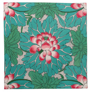 Red Pink Green Teal Chinese Lotuses Pattern Cloth Napkin