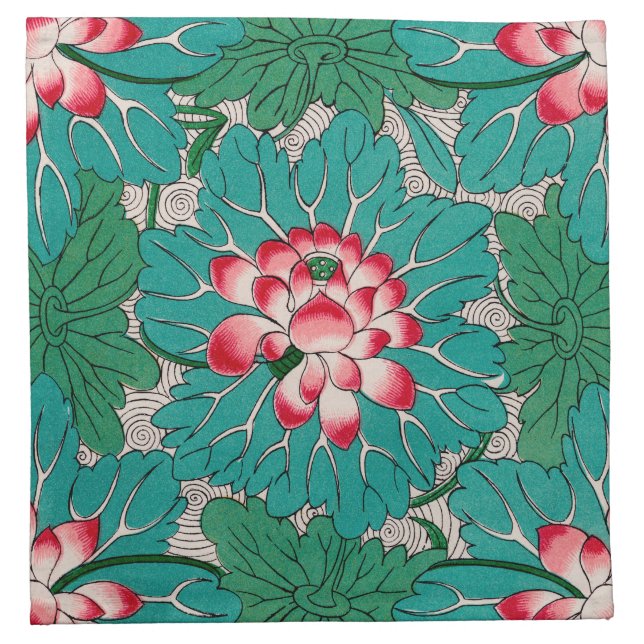 Red Pink Green Teal Chinese Lotuses Pattern Cloth Napkin (Front)