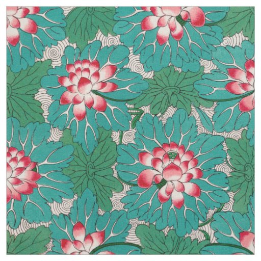 Red Pink Green Teal Chinese Lotuses Pattern Fabric