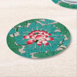 Red Pink Green Teal Chinese Lotuses Pattern Round Paper Coaster