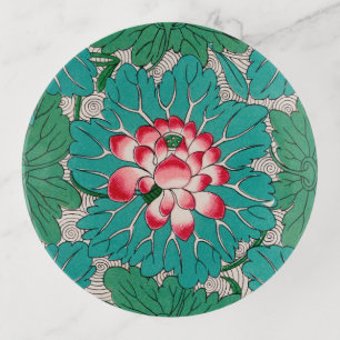 Red Pink Green Teal Chinese Lotuses Pattern Trinket Tray