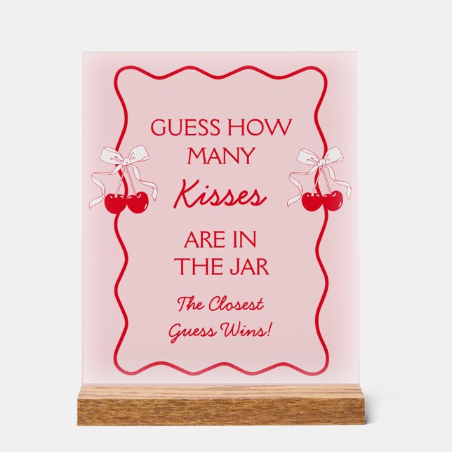 Red Pink Guess How Many Kisses Bridal Shower Game Acrylic Sign (Creator Uploaded)