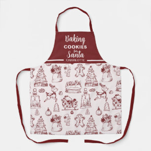 Red Pink Hand Drawn Baking Cookies for Santa Apron