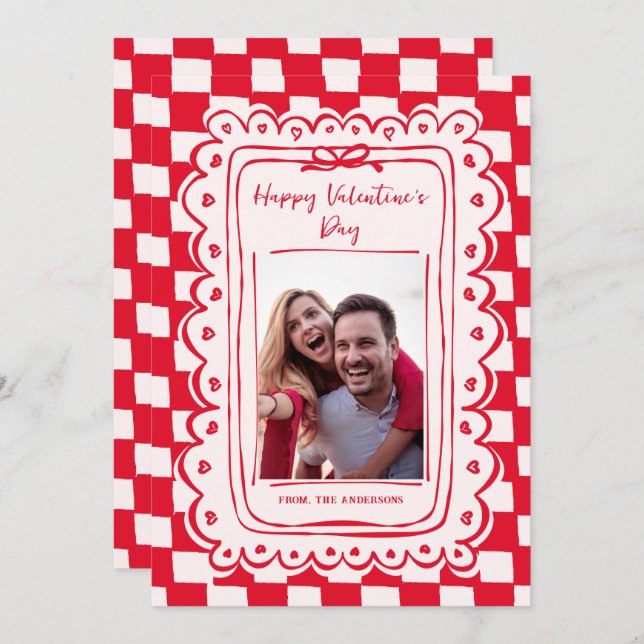 Red Pink Hand Drawn Bow Frame Photo Valentines Day Holiday Card (Front/Back)