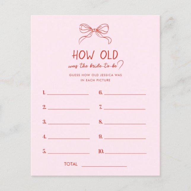 Red Pink Hand Drawn Bow How Old Was the Bride Game (Front)