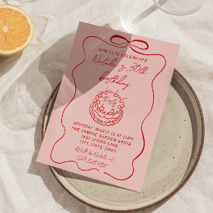 Red Pink Hand Drawn Cake Quirky Unique Birthday Invitation