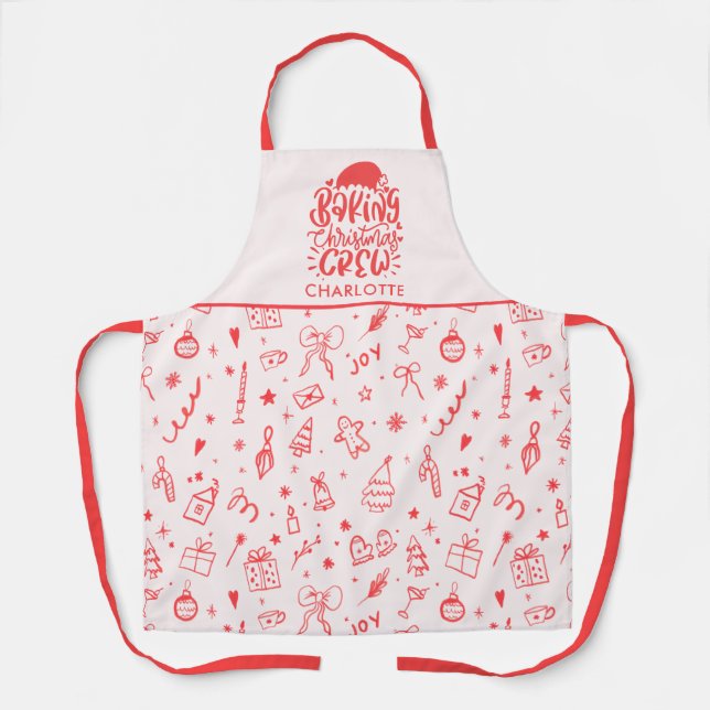Red Pink Hand Drawn Doodle Baking Christmas Crew Apron (Front)