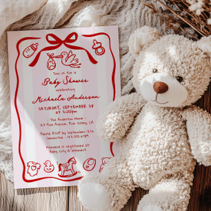 Red & Pink Hand Drawn Doodle Whimsical Baby Shower Invitation