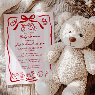 Red & Pink Hand Drawn Doodle Whimsical Baby Shower Invitation