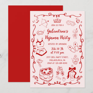 Red Pink Hand Drawn Galentine's Day Pajama Party Invitation