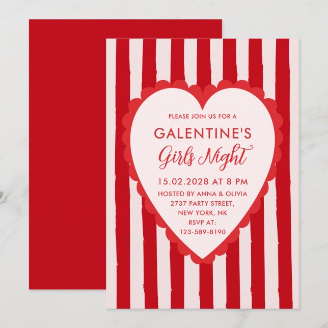 Red Pink Hand Drawn Galentine's Girls Night Party Invitation (Front/Back)