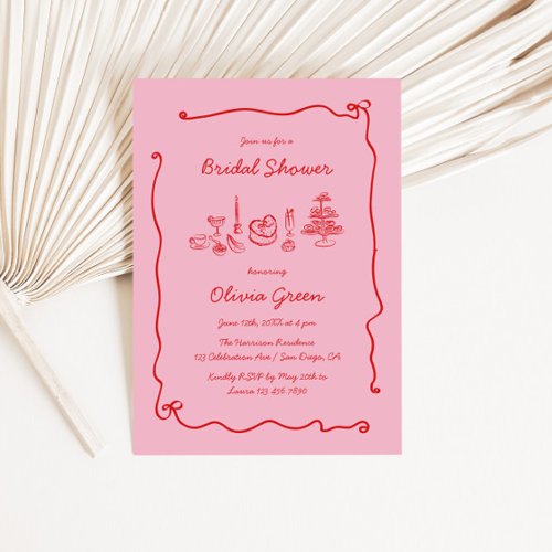 Red Pink Handwritten Bow Frame Bridal Shower Invitation