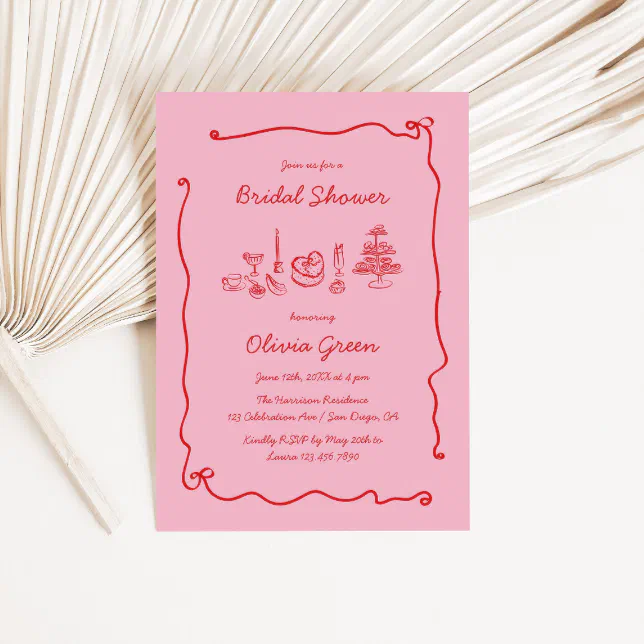 Red Pink Handwritten Bow Frame Bridal Shower Invitation | Zazzle