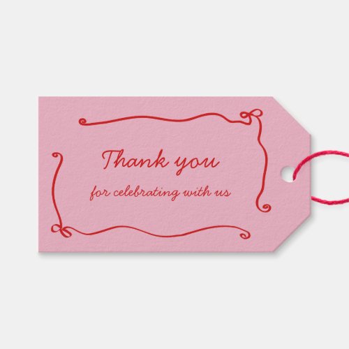 Red Pink Handwritten Bow Frame Thank you Gift Tags