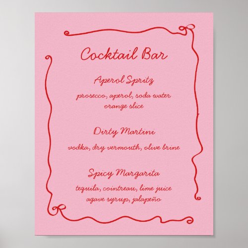 Red Pink Handwritten Bridal Shower Cocktail Bar Poster