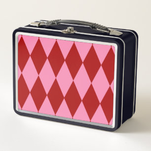 Red Pink Harlequin Checkered Design Metal Lunch Box