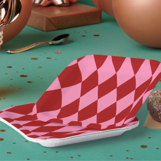 Red Pink Harlequin Checkered Design  Paper Plates