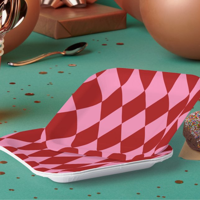 Red Pink Harlequin Checkered Design  Paper Plates (Creator Uploaded)