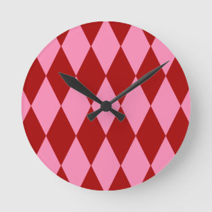 Red Pink Harlequin Checkered Design Round Clock