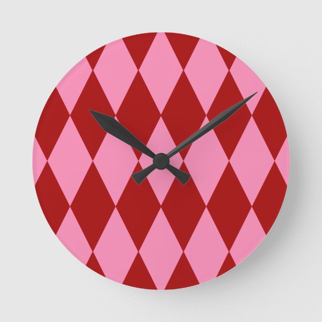 Red Pink Harlequin Checkered Design  Round Clock (Front)