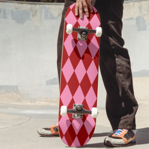 Red Pink Harlequin Checkered Design  Skateboard