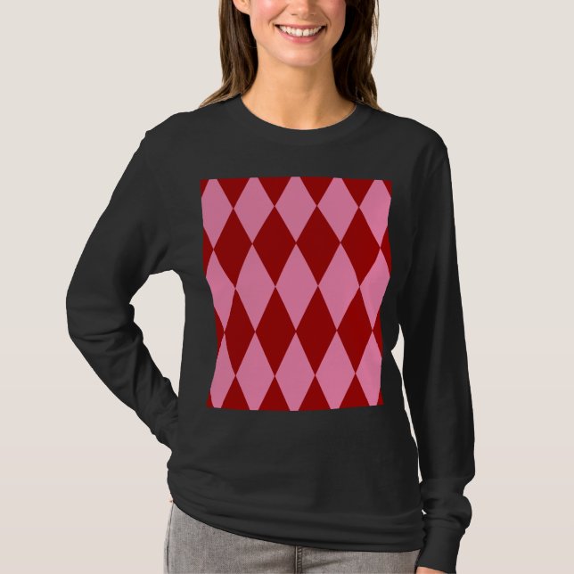 Red Pink Harlequin Checkered Design  T-Shirt (Front)