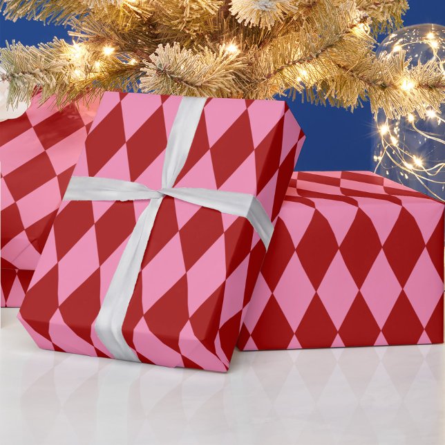 Red Pink Harlequin Checkered Design  Wrapping Paper (Creator Uploaded)