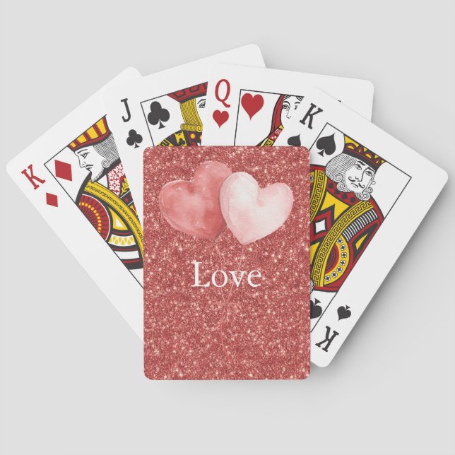 Red Pink Heart Balloons Glitter   Poker Cards (Back)