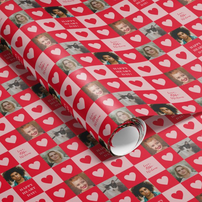 Red Pink Heart Checkerboard with Photos Valentine Wrapping Paper (red and pink checkerboard patterned gift wrap with hearts, four custom photos and personalized text)