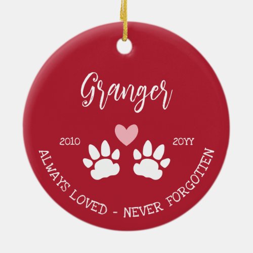 Red Pink Heart Dog Paws Never Forgotten Memorial Ceramic Ornament