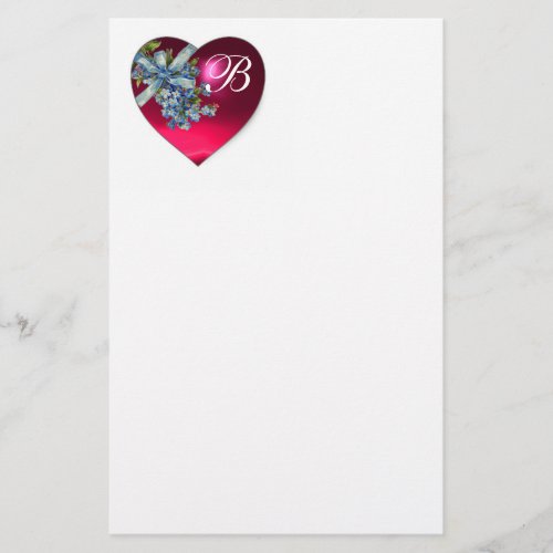 RED PINK HEART  FORGET ME NOTS MONOGRAM STATIONERY