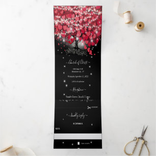 Red & Pink Heart Leaf Tree on Black Wedding Tri-Fold Invitation