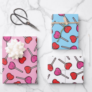Red & Pink Heart Lollipops Pattern  Wrapping Paper Sheets