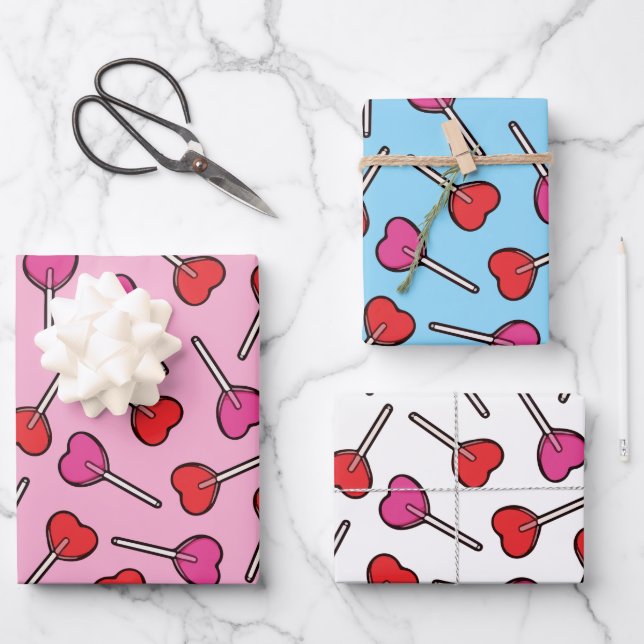 Red & Pink Heart Lollipops Pattern  Wrapping Paper Sheets (Front)