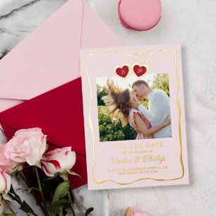 Red Pink Heart-Shaped Locket Monogram Photo Foil Invitation