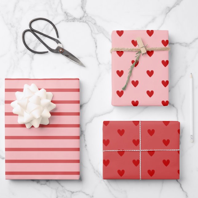 Red pink heart Valentine’s Day Wrapping Paper Sheets (Front)