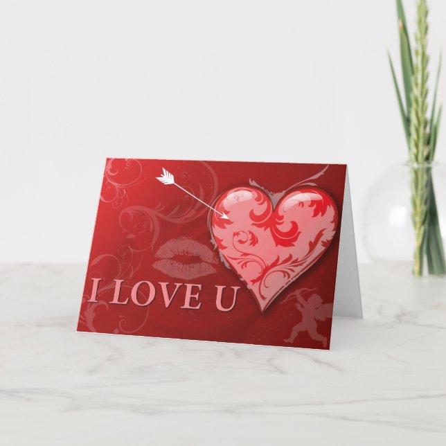 Red Pink Heart with I Love You Holiday Card (Front)