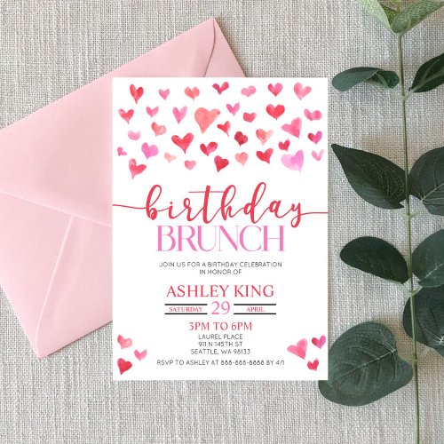 Red Pink Hearts Birthday Brunch Party Invitation