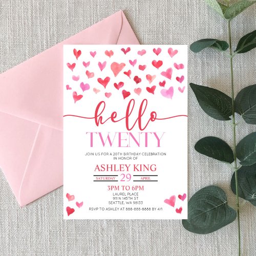 Red Pink Hearts Hello Twenty 20th Birthday Party Invitation