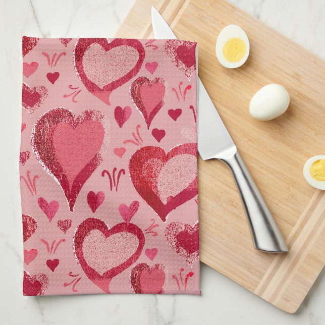 Red Pink Hearts Pattern Drawing Kitchen Towel (Quarter Fold)