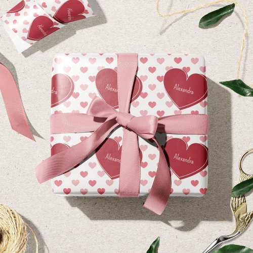 Red  Pink Hearts Pattern w Name Valentines Day Wrapping Paper