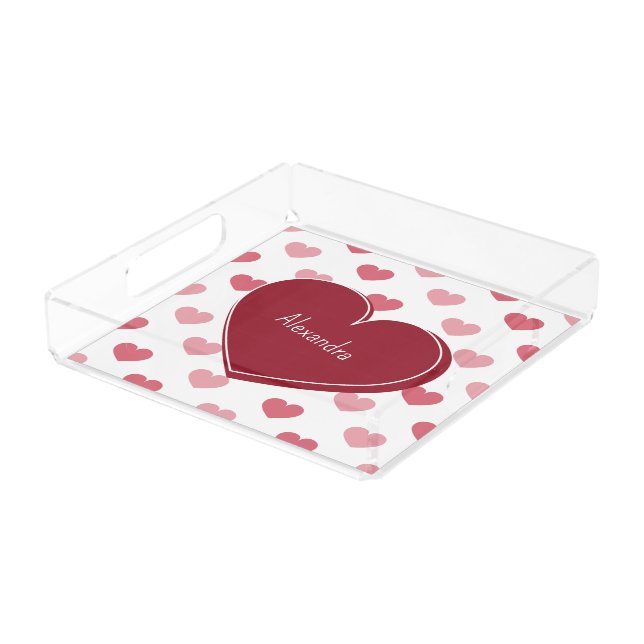 Red + Pink Hearts Pattern w/ Note Valentine's Day Acrylic Tray (Angled)
