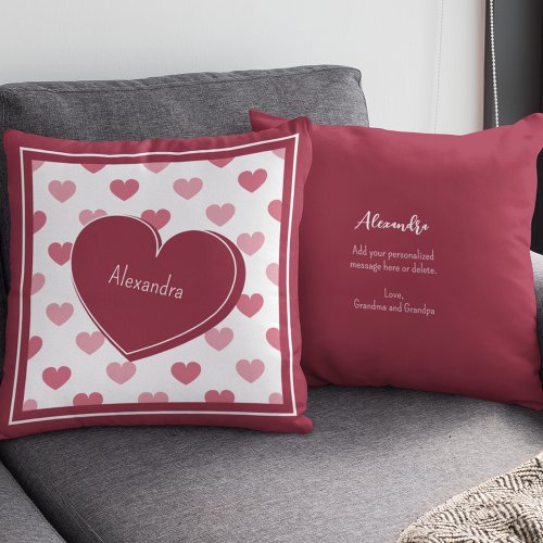 Red  Pink Hearts Pattern w Note Valentines Day Throw Pillow