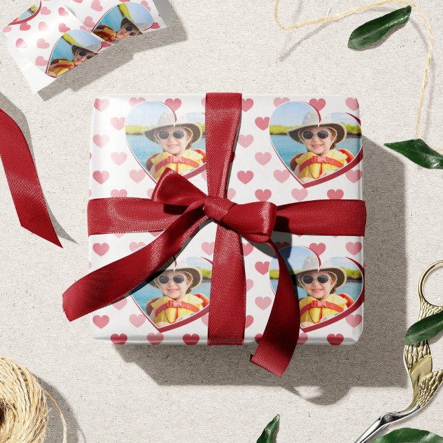 Red + Pink Hearts Pattern w/ Photo Valentine's Day Wrapping Paper (Creator Uploaded)
